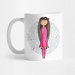 Cute bohemian girly girl with very long brown hair and a pink dress Mug